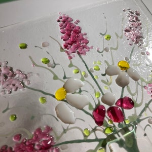 Cheerful Everlasting Forever Flower Bouquet fused glass Art Picture With Oak Stand