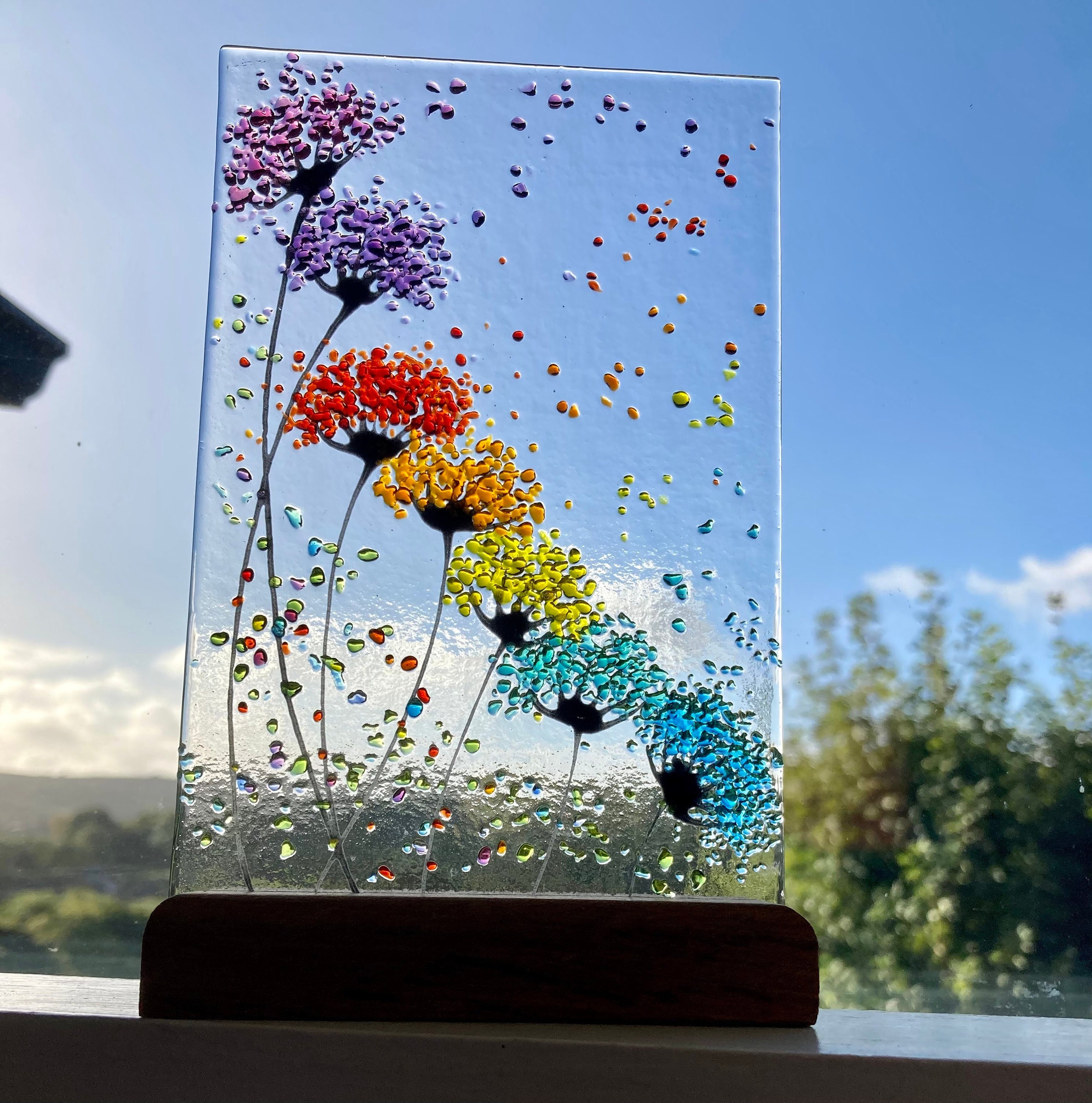 Whimsical Bright Rainbow Flowers fused glass Art Picture Sun Catcher & Wooden Display Stand