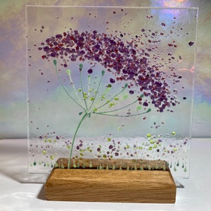 Cheerful Violet Purple Allium Flower fused glass Art Picture Sun Catcher & wooden display stand