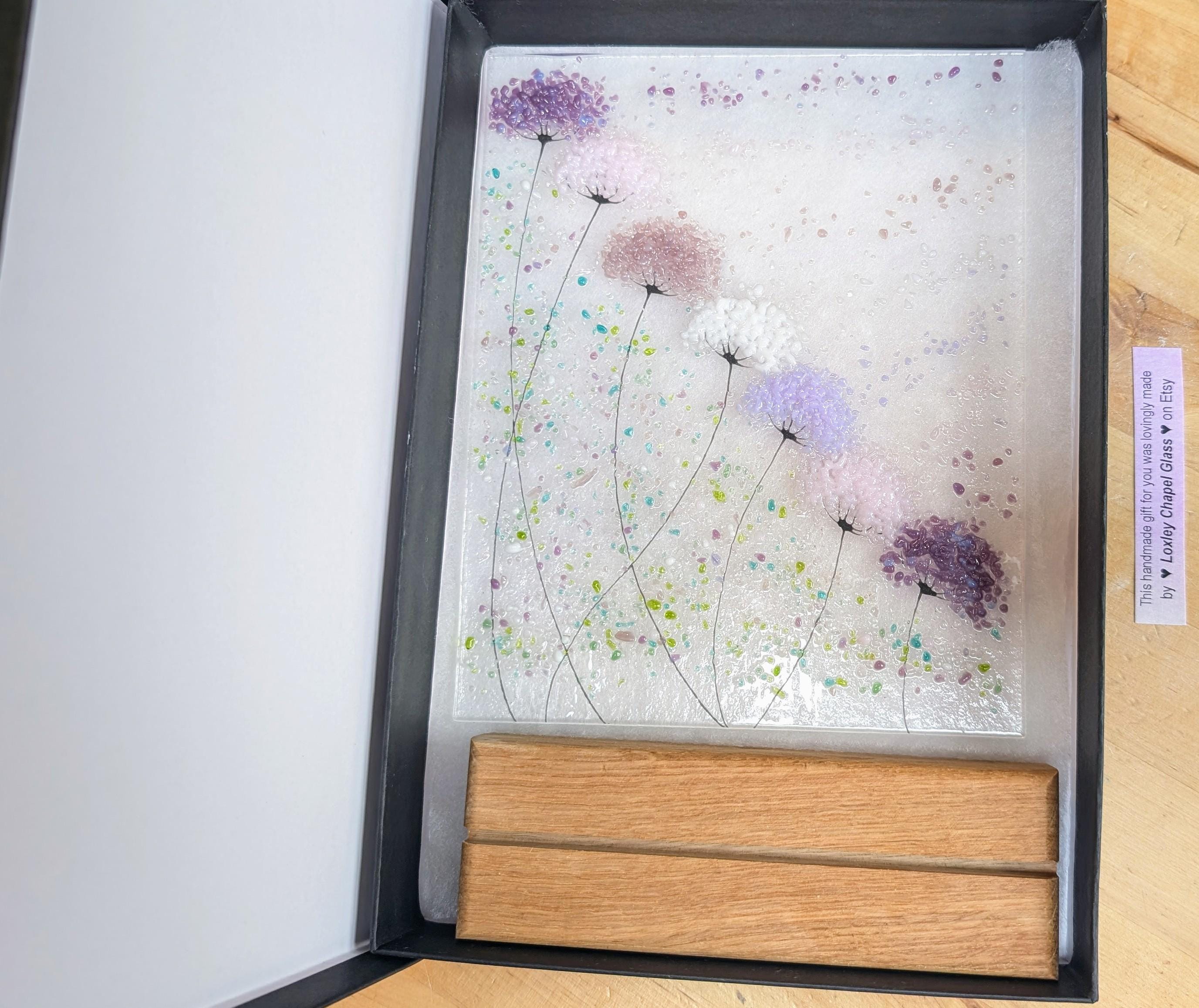 Whimsical Purple and pink mix Flowers fused glass Art Picture Sun Catcher & Wooden Display Stand
