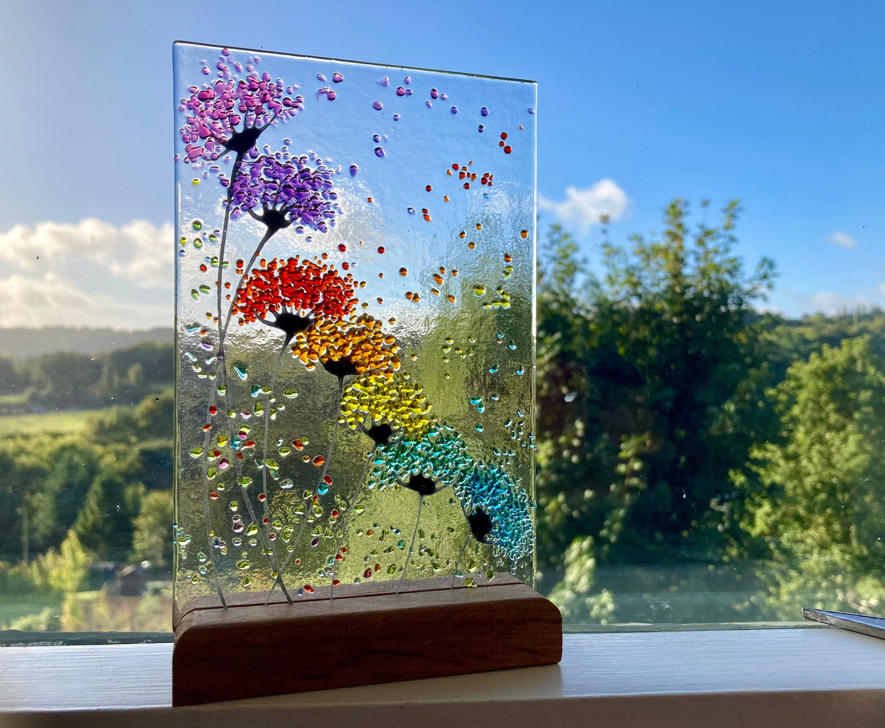 Whimsical Bright Rainbow Flowers fused glass Art Picture Sun Catcher & Wooden Display Stand