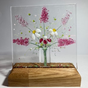 Cheerful Everlasting Forever Flower Bouquet small fused glass Art Picture With Oak Stand