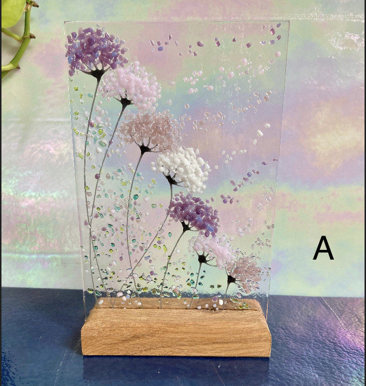 Whimsical Purple and pink mix Flowers fused glass Art Picture Sun Catcher & Wooden Display Stand