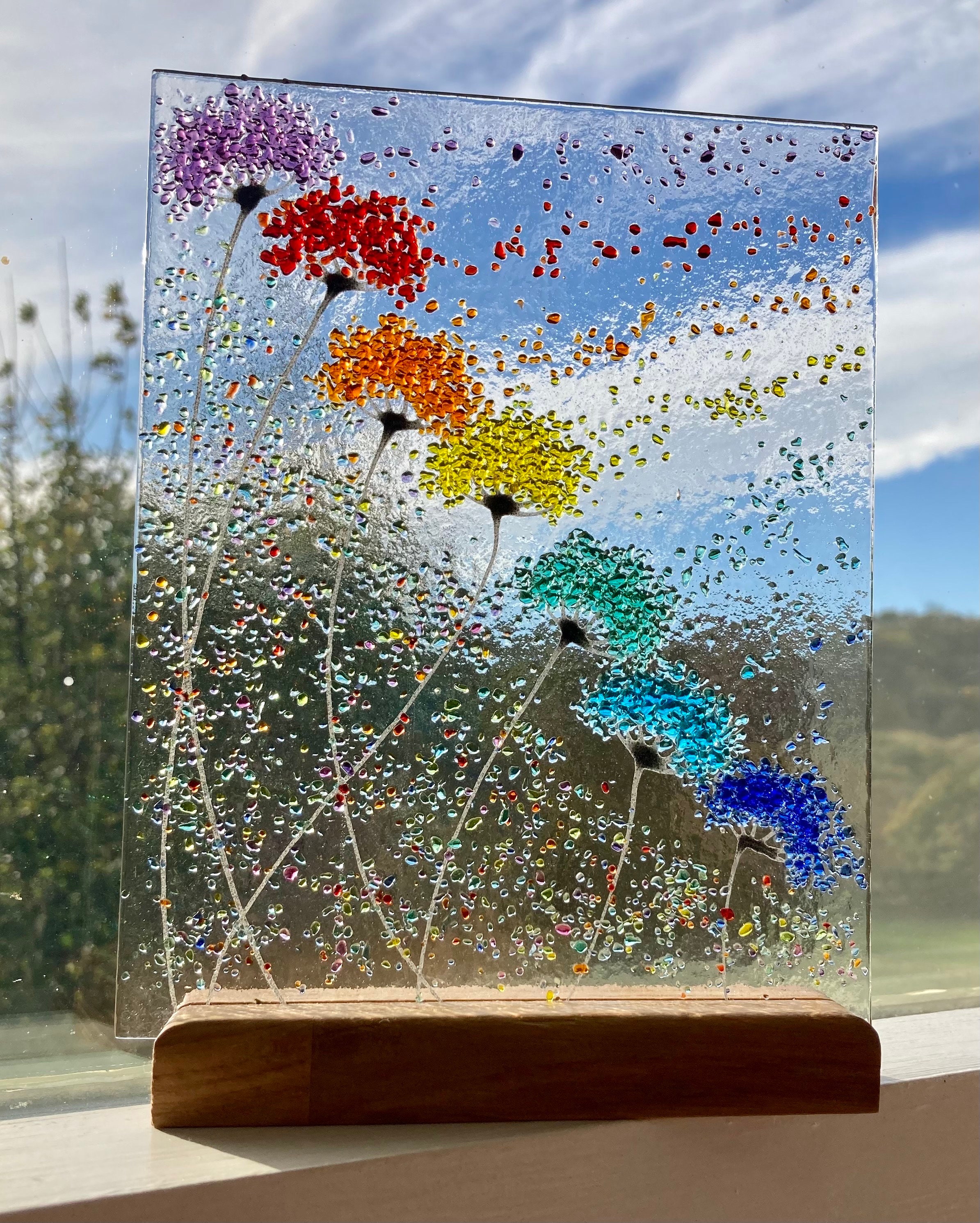 Whimsical Bright Rainbow Flowers fused glass Art Picture Sun Catcher & Wooden Display Stand