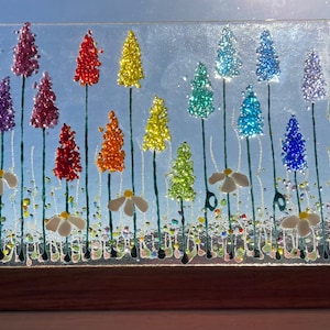 Cheerful Daisy & Rainbow Flowers fused glass Art Picture Sun Catcher including wooden display stand