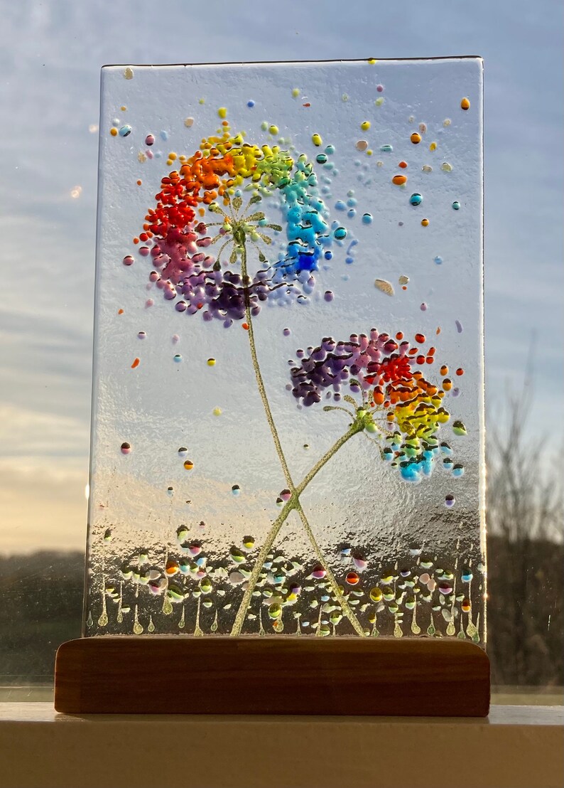 Cheerful Rainbow Allium Flower fused glass Art Picture Sun Catcher /& wooden Stand