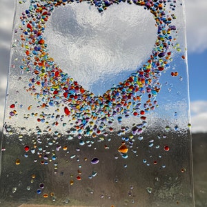 Jewelled Love heart fused glass Art Picture With Oak Stand image 9