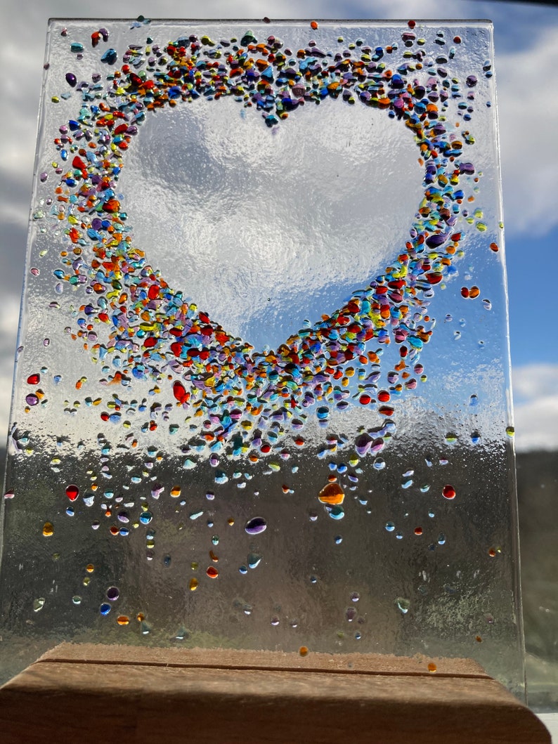 Jewelled Love heart fused glass Art Picture With Oak Stand image 9