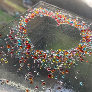 Jewelled Love heart fused glass Art Picture With Oak Stand image 2