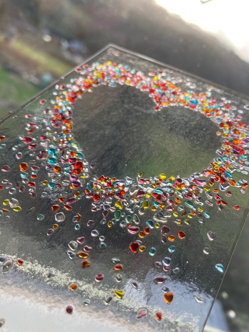 Jewelled Love heart fused glass Art Picture With Oak Stand image 2