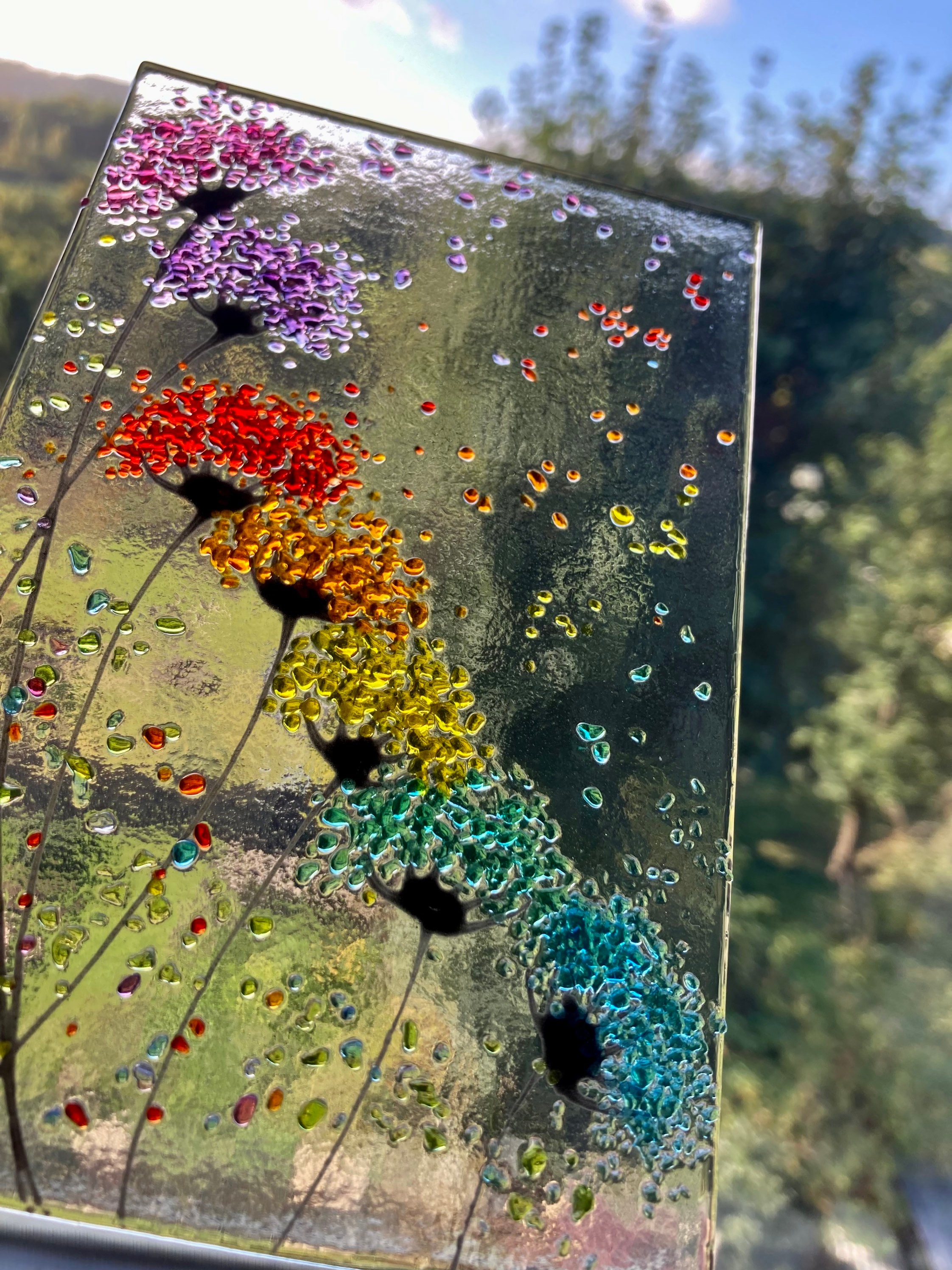 Whimsical Bright Rainbow Flowers fused glass Art Picture Sun Catcher & Wooden Display Stand