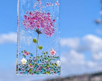 Särskild liten nyckfull 7,5 cm eller 10,5 cm smält glas rosa juveler blomma solfångare