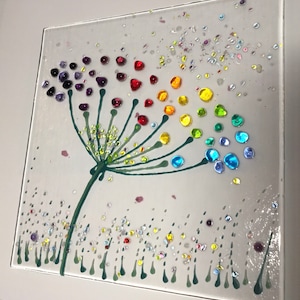 Cheerful Rainbow Allium Flower fused glass Art Picture Sun Catcher & wooden display stand