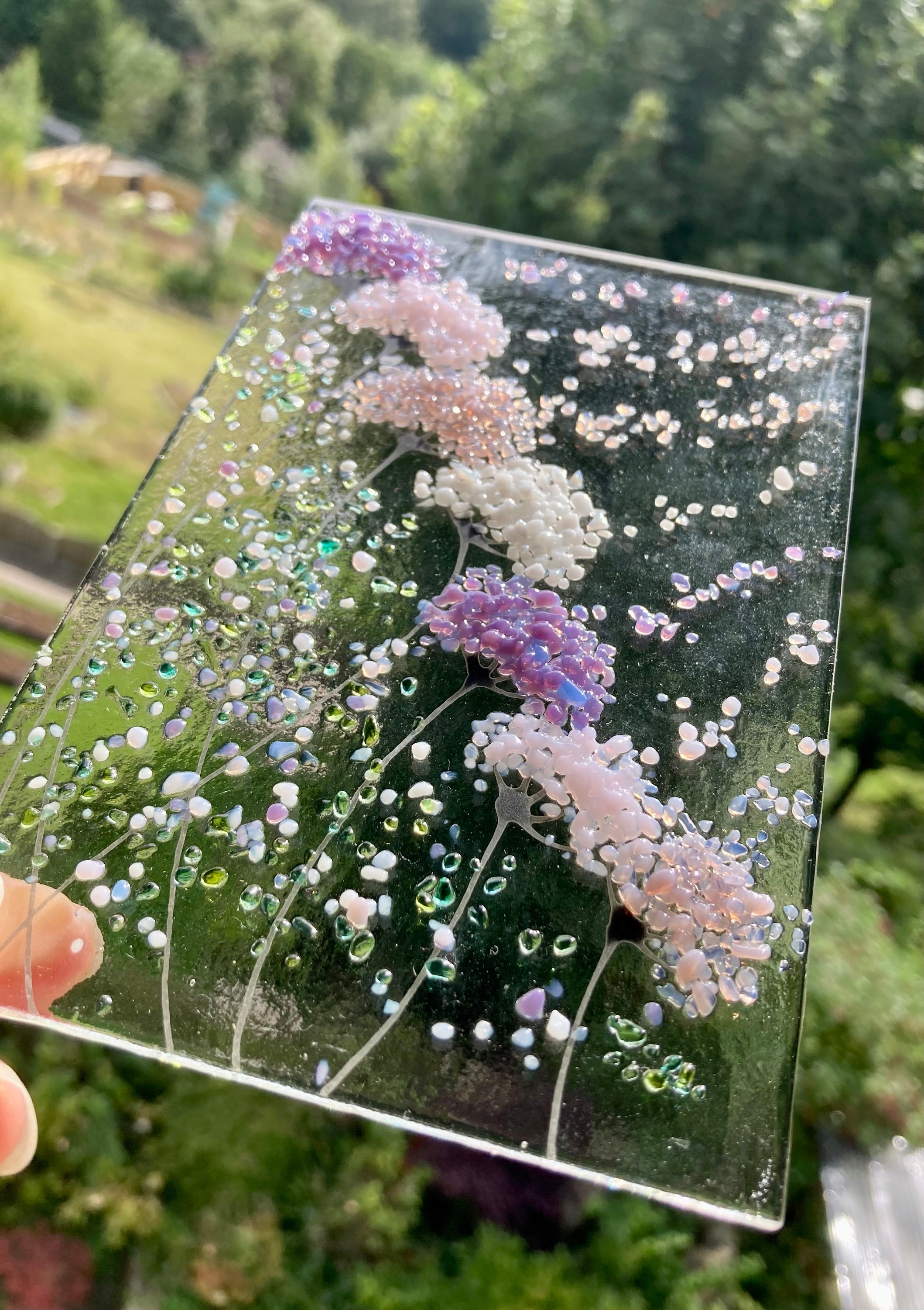 Whimsical Purple and pink mix Flowers fused glass Art Picture Sun Catcher & Wooden Display Stand