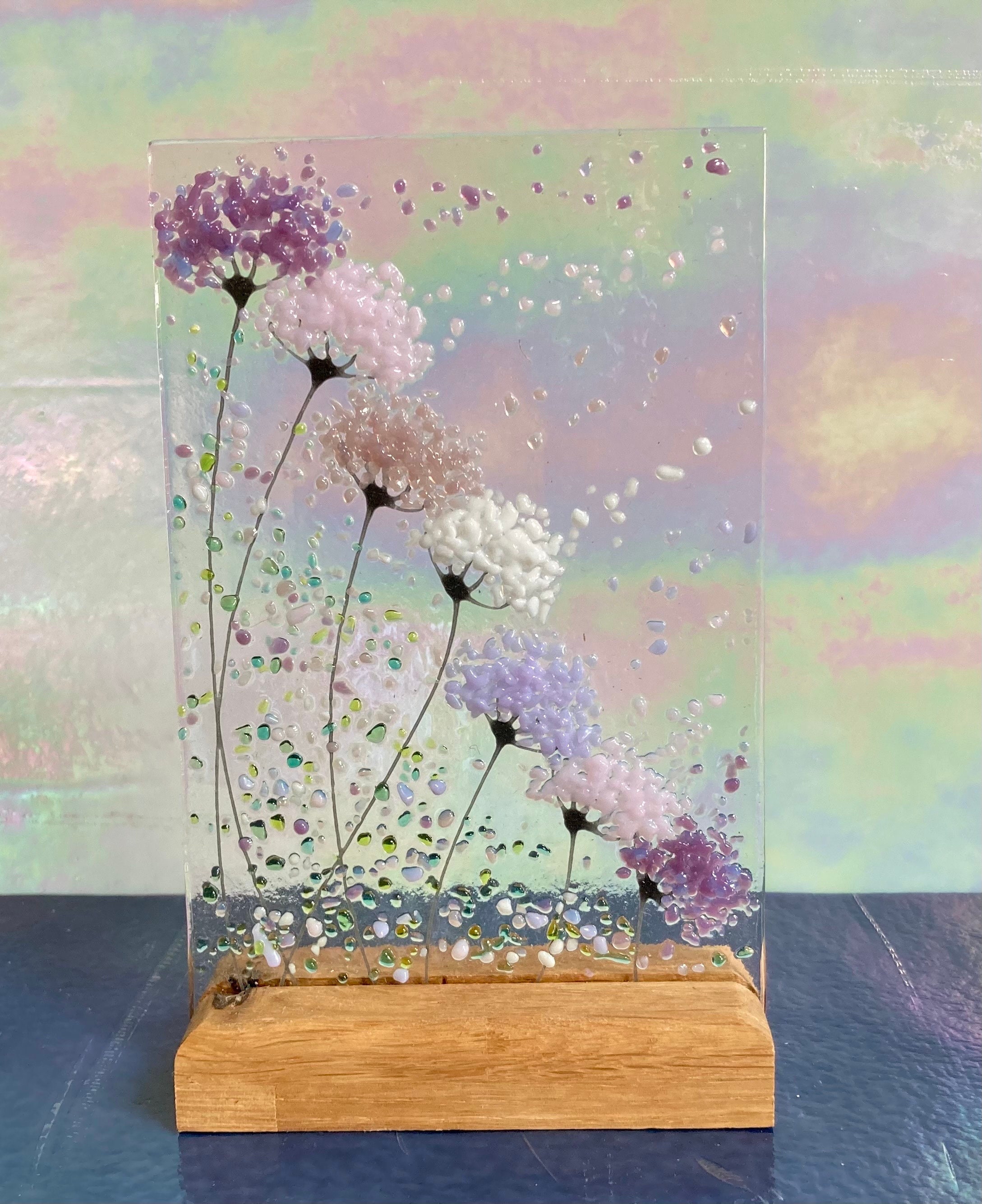 Whimsical Purple and pink mix Flowers fused glass Art Picture Sun Catcher & Wooden Display Stand