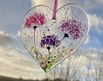 Floral Love heart fused glass hanging sun catcher