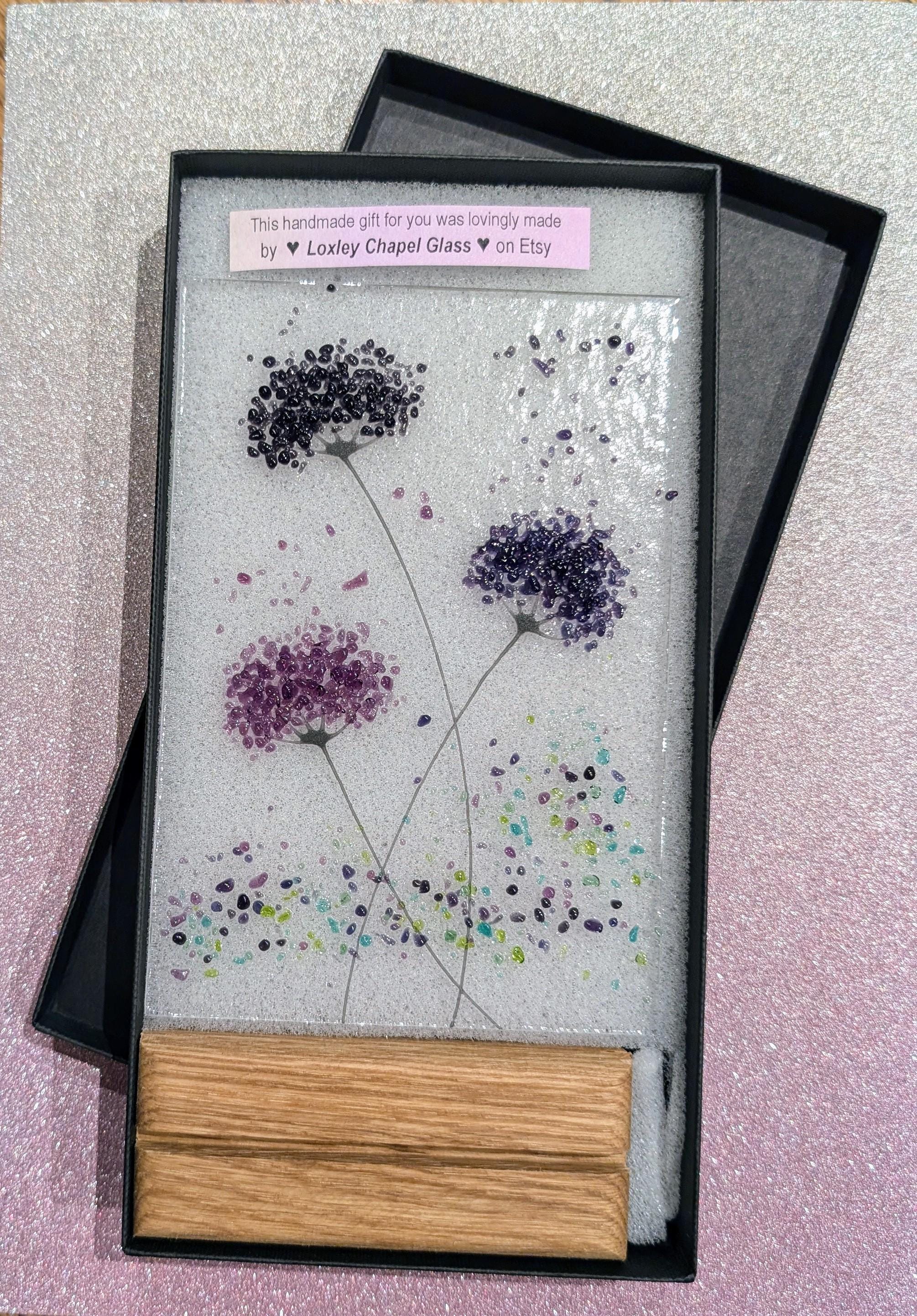 Purple mix whimsical Flower fused glass Art Picture or with Wooden Display Stand