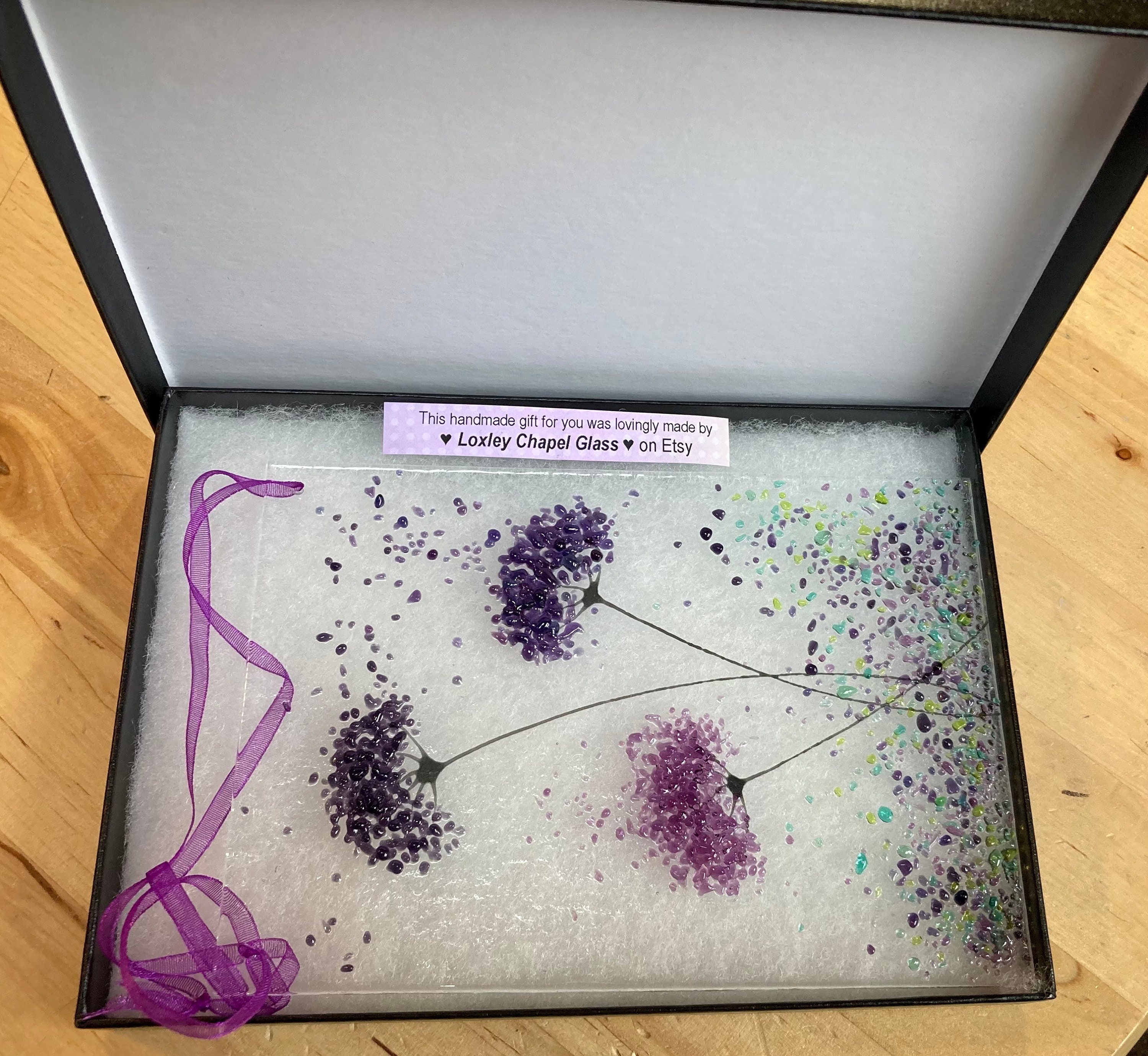Purple mix whimsical Flower fused glass Art Picture or with Wooden Display Stand