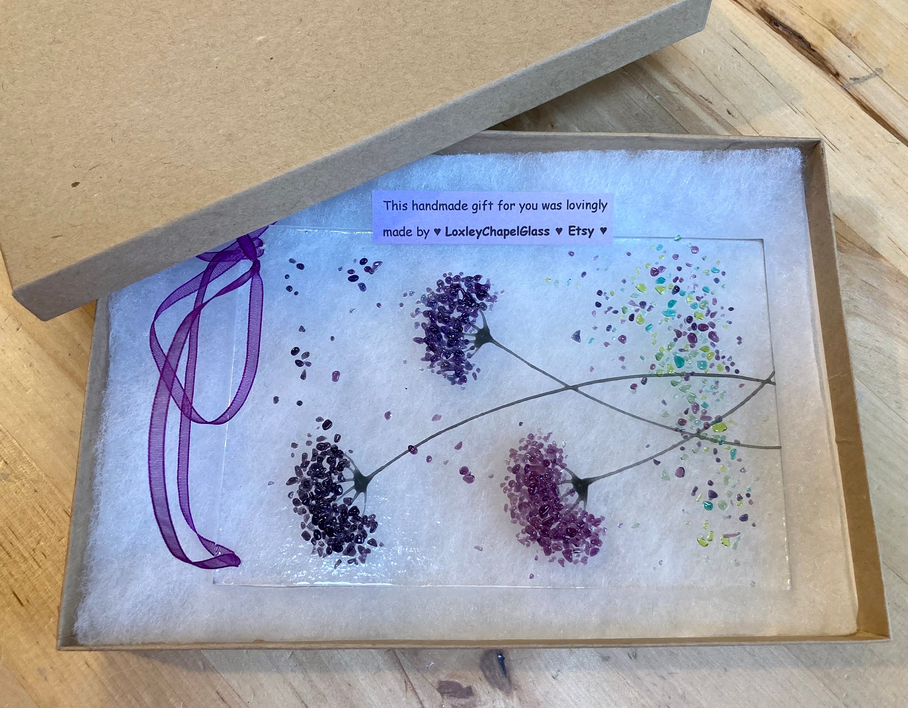 Purple mix whimsical Flower fused glass Art Picture or with Wooden Display Stand