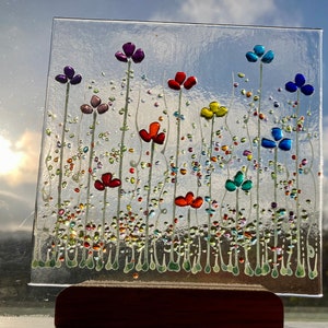 Cheerful Rainbow Meadow Flower fused glass Art Picture Sun Catcher & wooden display stand