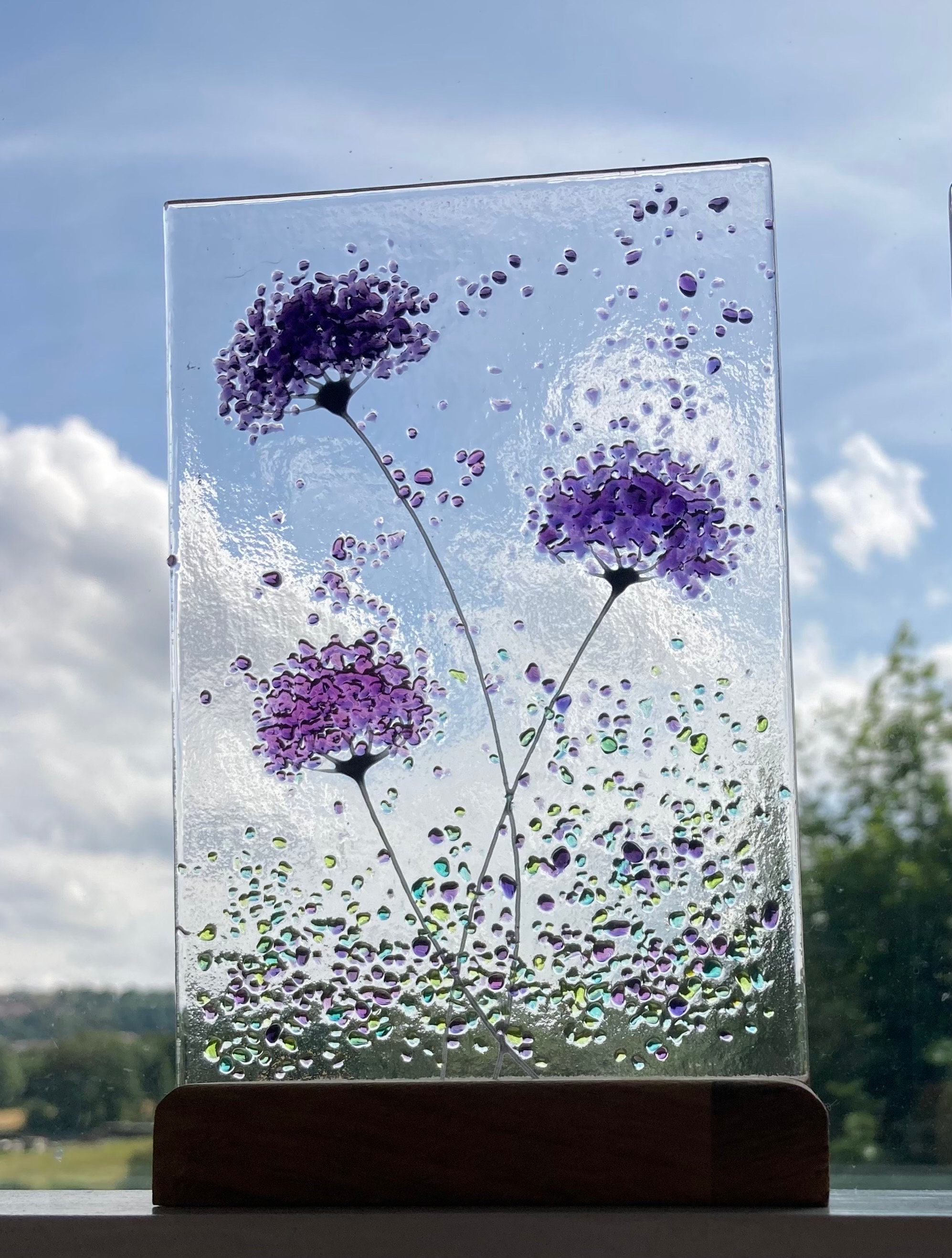 Purple mix whimsical Flower fused glass Art Picture or with Wooden Display Stand
