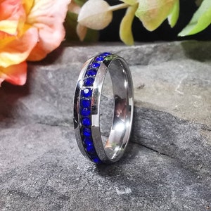 Stainless Steel, Blue Crystal / Diamante Encrusted Ring. Size Y