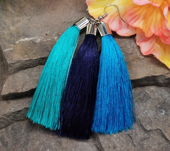 Tassel Earrings, Choice of Colour - Turquoise, Prussian Blue, Royal Blue, Purple. Polycotton / Polyester Cotton