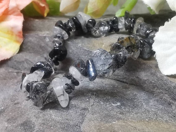 Tourmaline/Tourmalinated Quartz (Black Tourmaline Inclusions) Chip Semi-Precious Gemstone Bracelet (Crystal / Healing)
