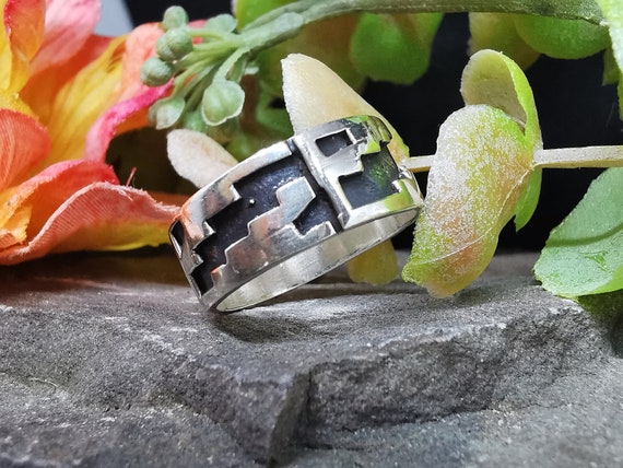 Aztec / Tribal / Steps Genuine Sterling Silver Ring, Oxydized to Show Engraved Detail. Thick Band. Various Sizes.
