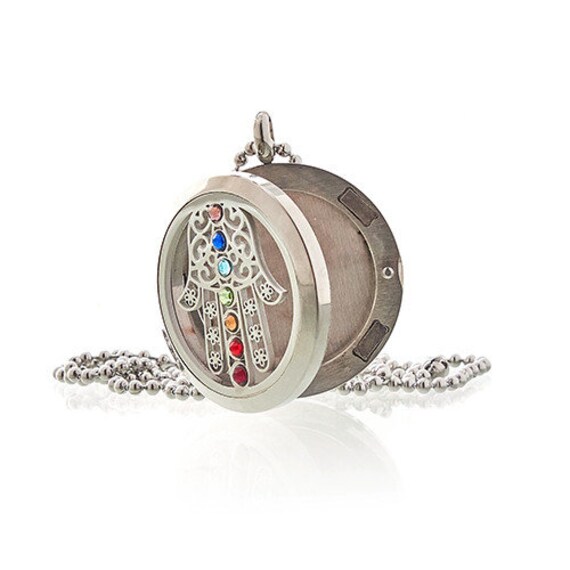 Aromatherapy Diffuser Necklace - Flower of Life, Hamsa Chakra, Diamond Heart - 25-30mm Diameter Stainless Steel including 10 spare pads
