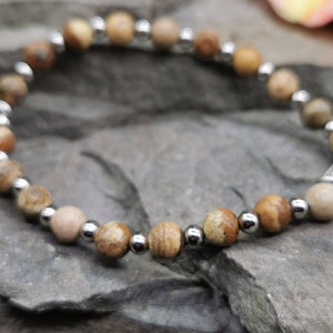 Picture Jasper Semi-Precious 6mm Round Bead Elasticated Bracelet with Diamante and Silver-Coloured Beads (Crystal / Healing)