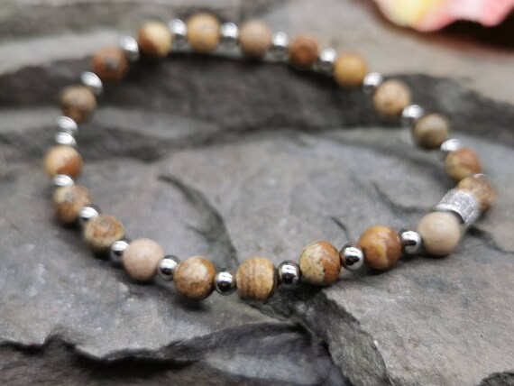 Picture Jasper Semi-Precious 6mm Round Bead Elasticated Bracelet with Diamante and Silver-Coloured Beads (Crystal / Healing)