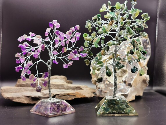 Genuine Gemstone Tree set on Orgonite Base - Amethyst (80 stones) or Moss Agate (160 stones)