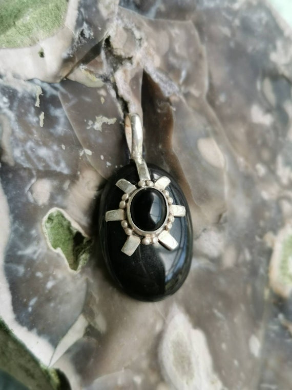 Gorgeous Onyx and Garnet Pendant, with Sterling Silver Decoration and Bail