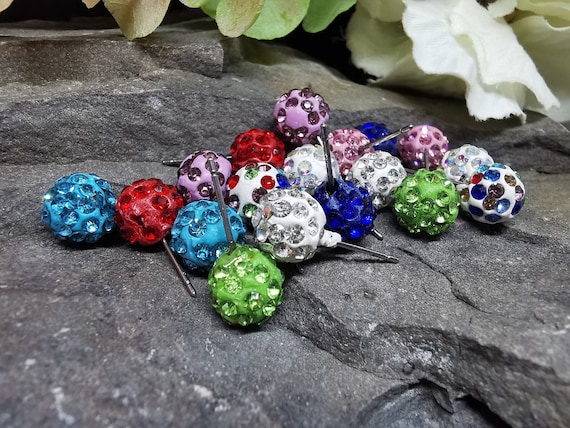 Cute 9mm Diameter Fimo Stud Earrings, Studded with Crystals, set on nickel-free posts with nickel-free backs.