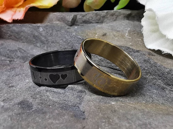 Stainless Steel Rings Various Styles, Etched, Gold / Black. UK Size Z