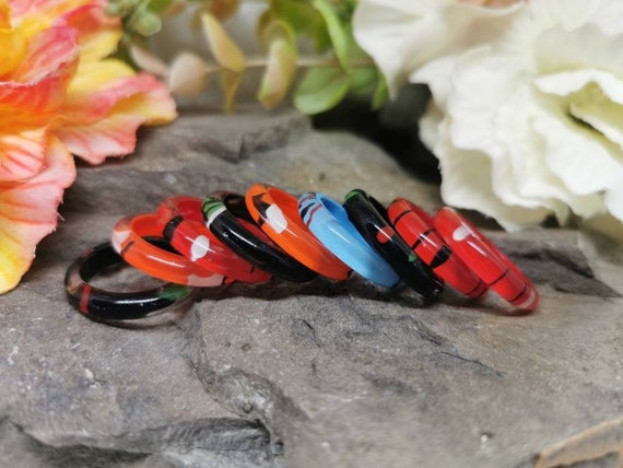 Various Colours, Hand-Painted, Vintage, Lucite Plastic Rings (Size R1/2)