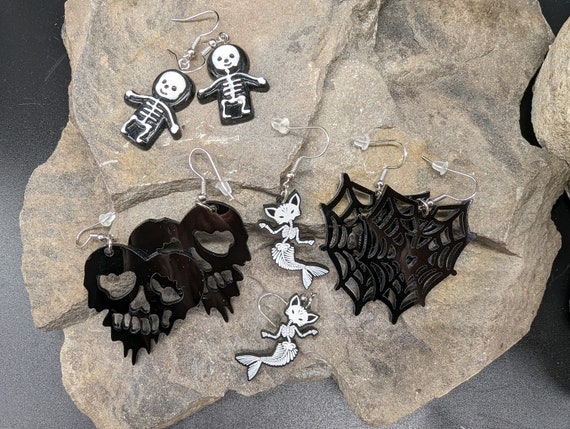Cute Goth/Halloween/Punk Character Silver-Coloured Fish Hook Earrings. Plastic. Choice of Styles. Black.