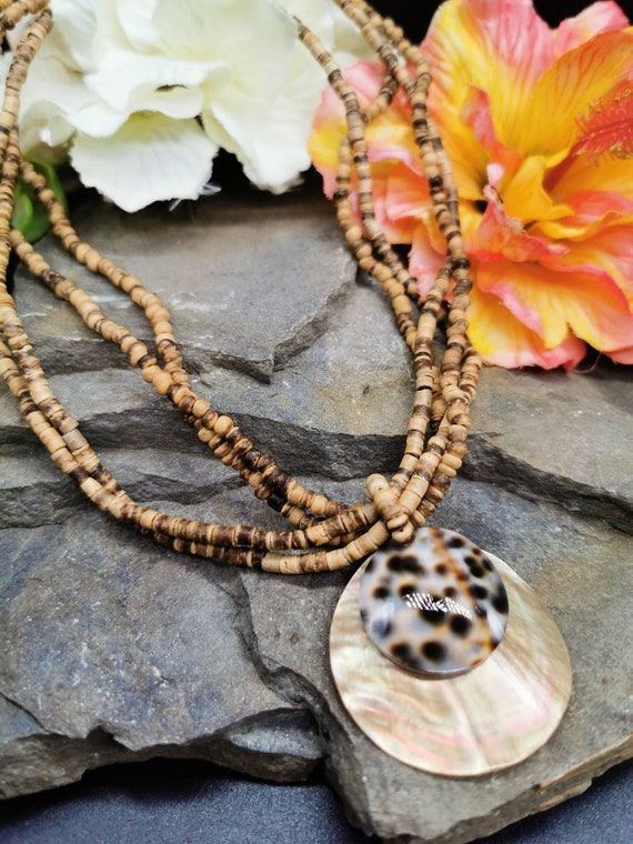 Wood Bead, Tiger Cowrie and Mother of Pearl Shell Necklace (Hippy/Boho) with silver coloured metal clasp