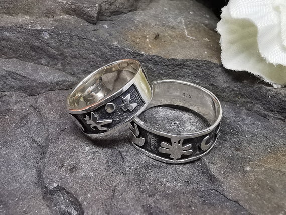 Aztec / Tribal Genuine Sterling Silver Ring. Oxydized to Show Engraved Detail. Thick Band. Various Sizes.