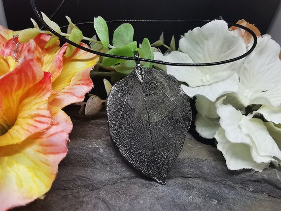 Pewter Bravery Leaf Necklace on Faux Leather Cord wtih extension - Genuine / Real Leaf