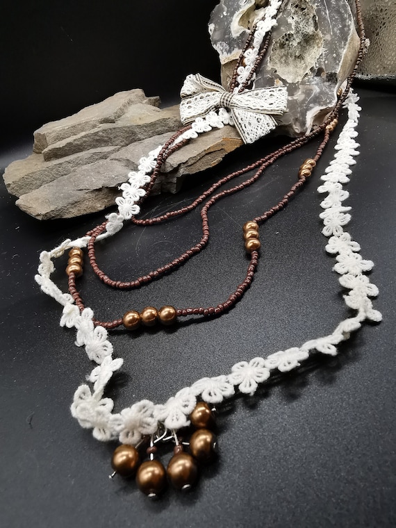 Brown Faux Pearl and Off White Lace Necklace. Long, Multistrand, With Detachable Bow / Brooch