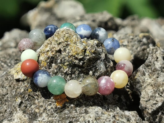 Multi / Mixture / Mixed Round Bead Semi-Precious Gemstone Ring (Crystal / Healing)