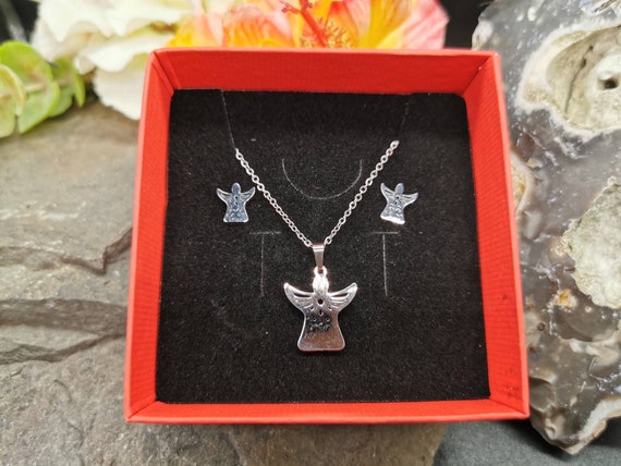 Stainless Steel Angel Pendant And Earring Set - Comes with gift box
