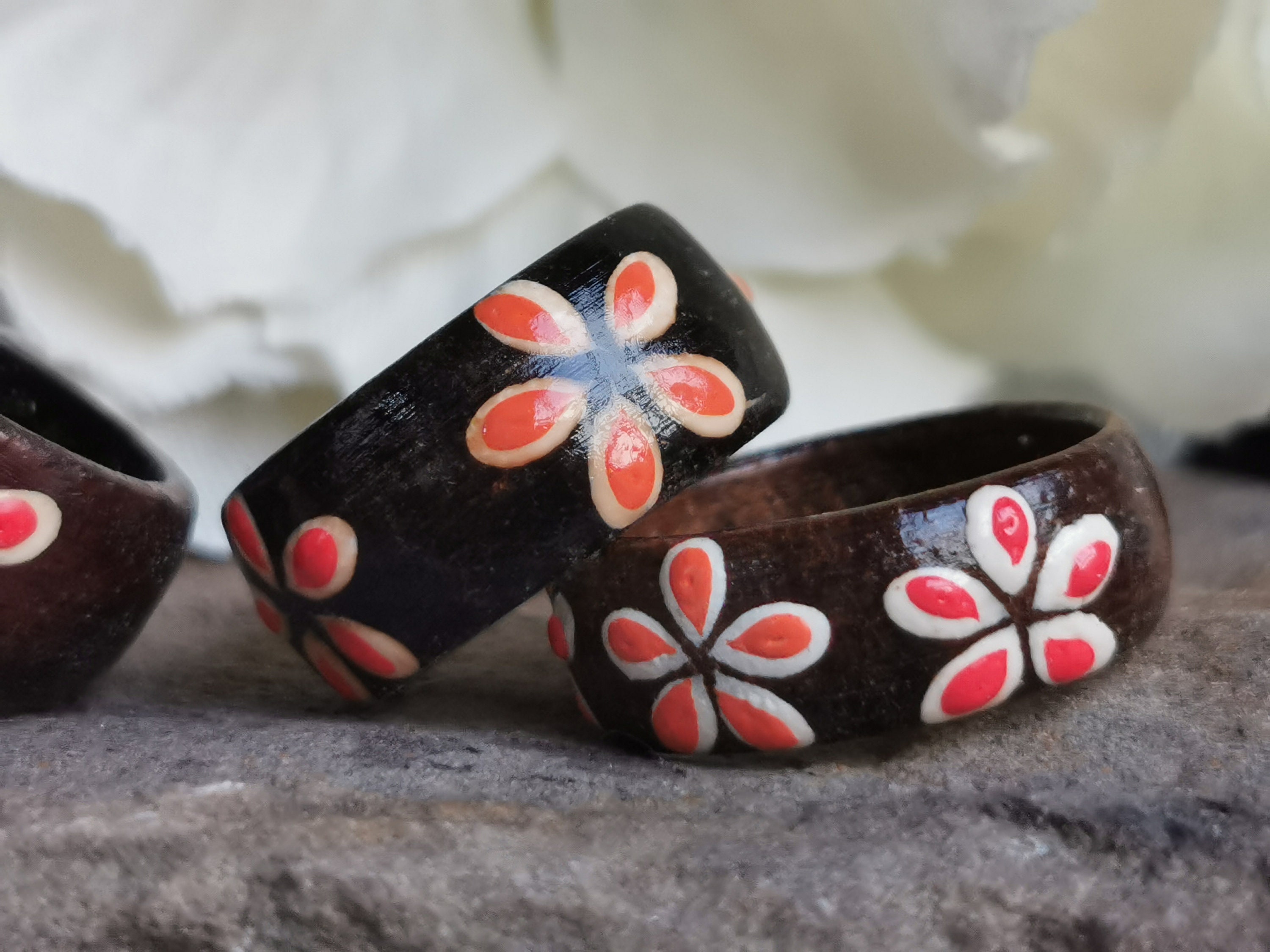 Wooden Hand Painted Ring 7mm thick Sizes I, I1/2, M1/2, N