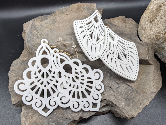 Stunning Indian Style Mandala Pattern Hollowed Out White Wooden Earrings with Gold-Coloured Fish Hook Wires