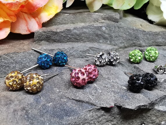 Cute 7mm Diameter Fimo Stud Earrings, Studded with Crystals, set on nickel-free posts with nickel-free backs.