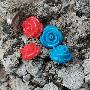 Blue or Red - 17.5mm Diameter Plastic Rose Stud Earrings - Stainless Steel Posts and Butterfly Back
