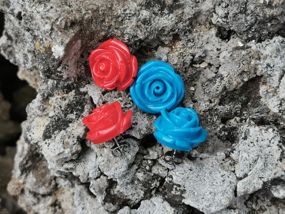 Blue or Red - 17.5mm Diameter Plastic Rose Stud Earrings - Stainless Steel Posts and Butterfly Back
