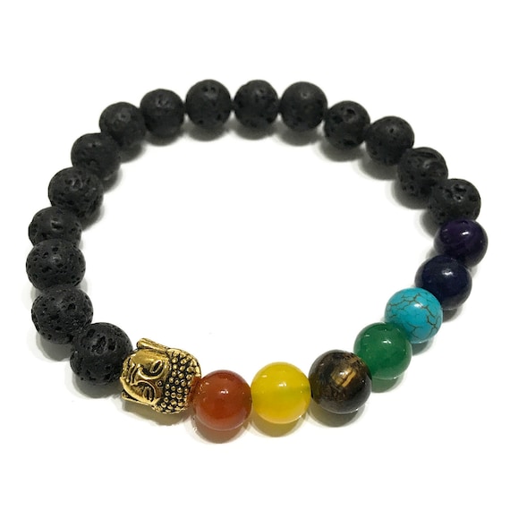 Lava Stone Bracelet on Stretch Elastic Cord, with Gold Coloured Metal Buddha and Chakra Beads